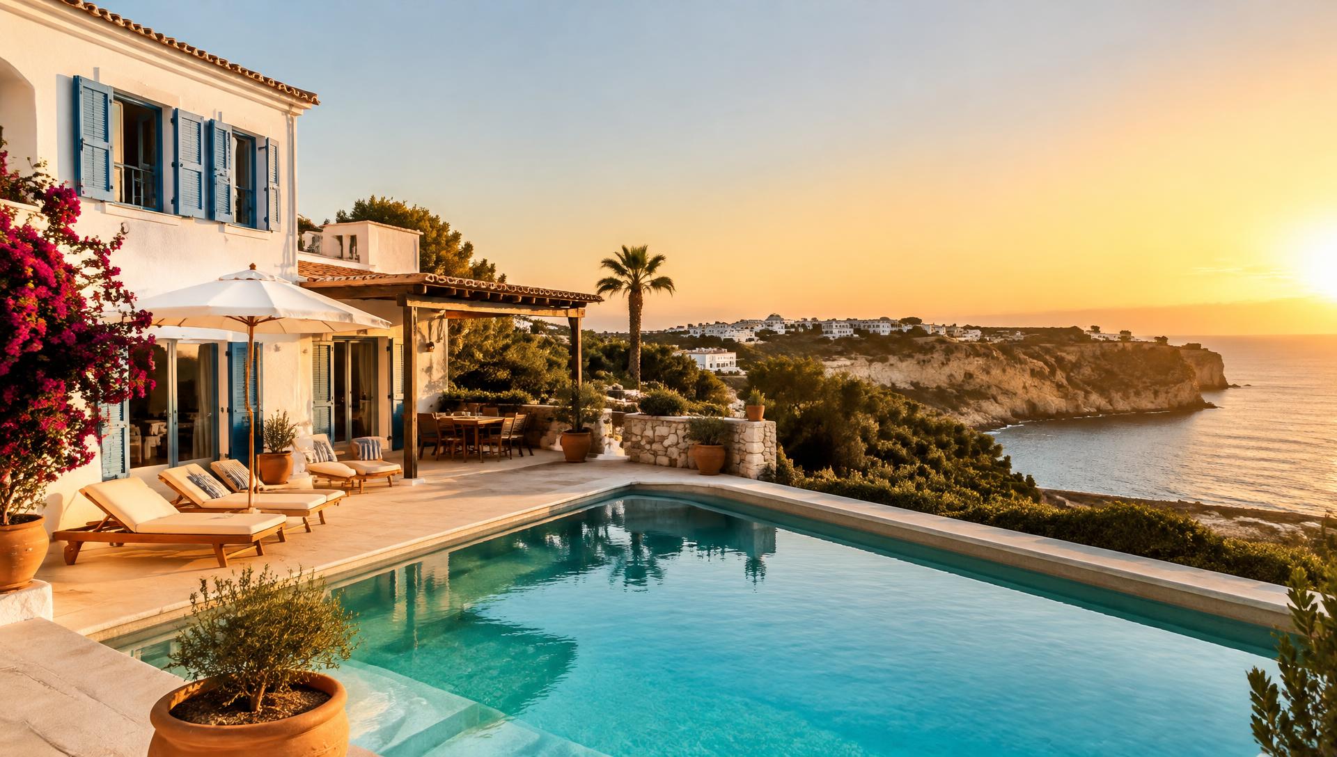 Moradia Casa Azul com piscina e vista mar ao pôr do sol